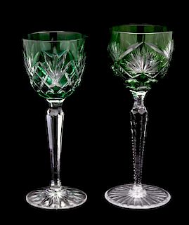 Twelve Bohemian Green-Cut-to-Clear Crystal Stemmed Wines Height of taller three 8 1/4 inches.