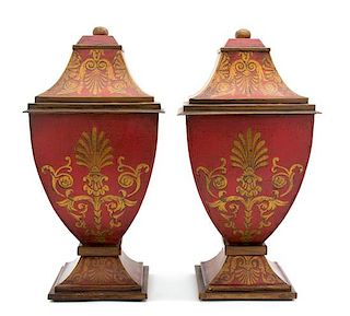A Pair of Regency Red and Gilt Painted Tole Covered Urns Height 19 x width 9 1/8 x depth 9 1/8 inches.