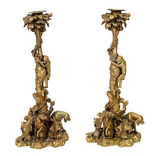 A Pair of Regency Gilt Bronze Candlesticks Height 14 inches.