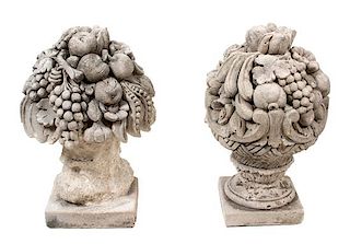 A Pair of Poured Cement Sculptures of Fruit Topiary Height 25 x diameter 15 inches.