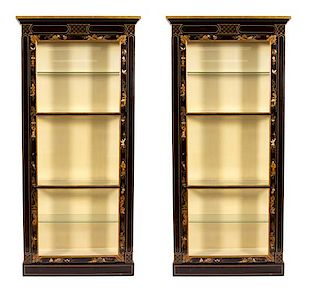 A Pair of Regency Style Black Laquer Display Cabinets Height 91 x width 42 x depth 15 inches.