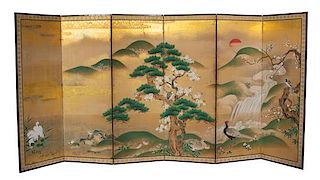 A Six-Panel Japanese Screen Height 69 x width 144 inches.