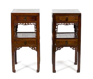 A Pair of Chinese Elmwood Side Tables Height 32 3/4 x width 14 3/4 x depth 14 3/4 inches.