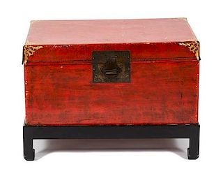 A Chinese Red Lacquer Chest Height 14 x width 29 x depth 20 1/2 inches.