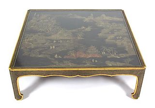 A Chinese Black and Gilt Lacquer Panel Inset in a Modern Low Table Base Height 15 x width 45 x depth 45 inches.