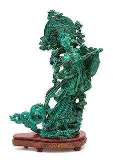 A Chinese Carved Malachite Figure of an Immortal Height 12 1/2 x width 9 x depth 3 1/2 inches.
