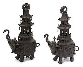 A Pair of Chinese Bronze Elephant Incense Burners Height 19 1/2 inches.