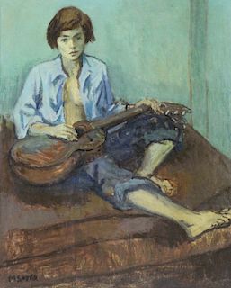 SOYER, Moses. Oil on Canvas. Woman with Guitar.