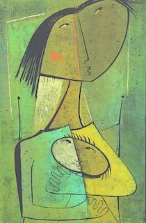 BOTELLO, Angel. Color Linocut. Woman and Child.