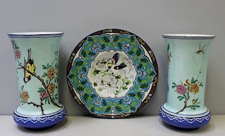 Pair of Gien Faience Vases Together with a