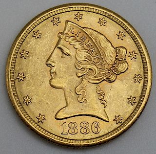 GOLD. 1886 S $5 Gold Liberty Head Coin.