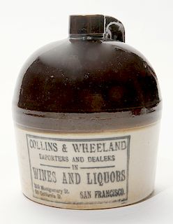 Collins and Wheeland Importers and Dealers in Wine and Liquors 1 Quart Wine Jug.