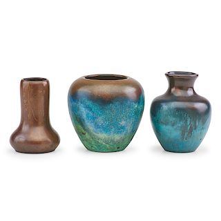 CLEWELL Three small copper-clad vases