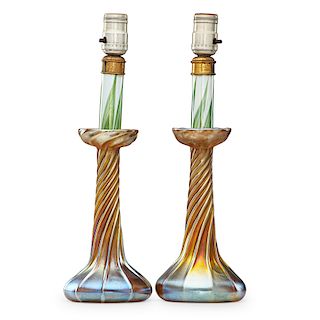TIFFANY STUDIOS Two candle lamp bases with inserts