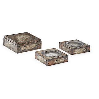 PAUL EVANS Patchwork humidor, two ashtrays