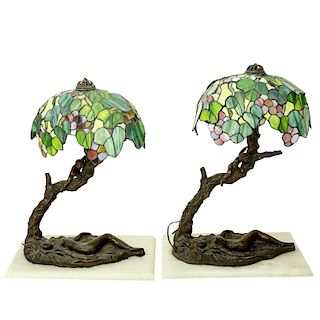 Pair Figural Leaded Glass Lamps