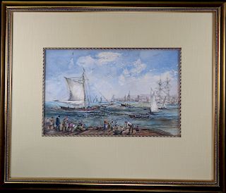 Signed Harbor Scene Mixed Media, Newman Gallery