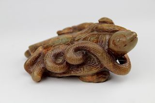 Chinese Carved Brown & Green Jade Turtle & Snake