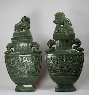 Pair of Large 'Spinach' Jade Covered Vases