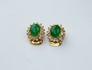 Pair of CZ & Jadeite Clip Earrings