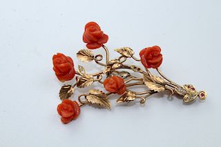 18k Gold, Red Coral, Diamond & Ruby Floral Pin