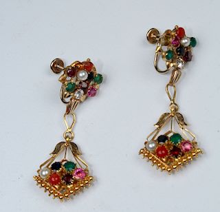 14k Gold Multi-Stone Hanging Earrings