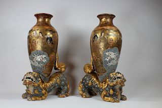 Pair of Japanese Satsuma Foo Dog Vases, Meiji Era