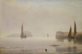 Monogrammed, 1911 Coastal Painting w/ Sailboats