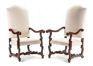 A Pair of Louis XIV Style Walnut Armchairs Height 48 inches.