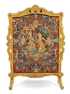 A Louis XV Style Needlepoint and Petit Point Inset Giltwood Screen Height 43 3/8 x width 30 1/2 inches.