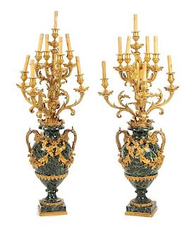 A Pair of Louis XV Style Gilt Bronze and Marble Nine-Light Candelabra Height overall 47 1/2 inches.