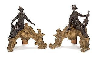 A Pair of Louis XV Style Gilt and Patinated Bronze Figural Chenets Width 11 1/2 inches.