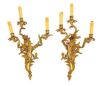 A Pair of Louis XV Style Gilt Bronze Three-Light Sconces Height 26 inches.