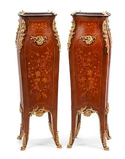 A Pair of Louis XV Style Gilt Bronze Mounted Marquetry Pedestals Height 48 x width 15 x depth 15 inches.
