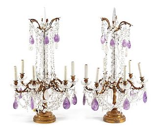 A Pair of Louis XV Gilt Bronze, Rock Crystal and Amethyst Girandoles Height 31 1/2 inches.