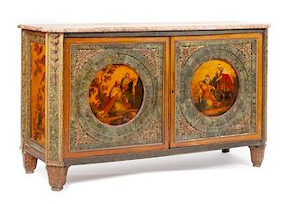 A Louis XVI Style Painted and Parcel Gilt Cabinet Height 36 3/4 x width 63 x depth 22 inches.