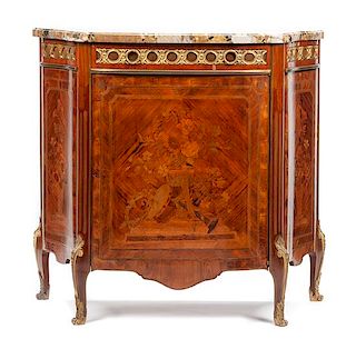 A Louis XVI Style Gilt Bronze Mounted Marquetry Cabinet Height 43 x width 45 1/2 x depth 21 inches.