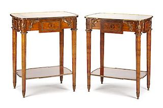 A Near Pair of Louis XVI Style Gilt Bronze Mounted Parquetry Tables Height 34 1/4 x width 28 1/4 x depth 20 1/2 inches.