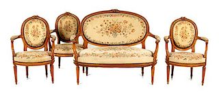 * A Louis XVI Style Salon Suite Height of settee 39 1/2 x width 50 x depth 28 inches.