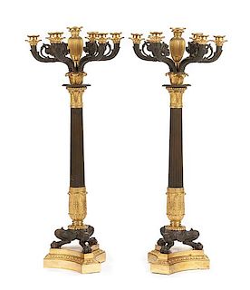 A Pair of French Gilt and Patinated Bronze Seven-Light Candelabra Height 31 1/2 inches.