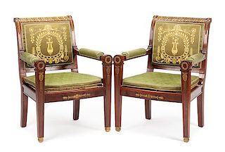 A Pair of Empire Style Gilt Bronze Mounted Mahogany Armchairs Height 37 inches.