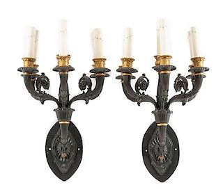A Pair of Empire Style Gilt and Patinated Bronze Six-Light Sconces Height 21 inches.