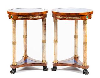 A Pair of Empire Style Gilt Bronze, Onyx and Lapis Lazuli Mounted Mahogany Gueridons Height 29 1/2 x diameter of top 20 1/2 inch
