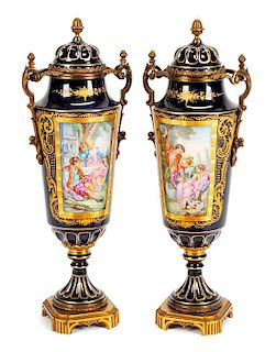 A Pair of Sevres Style Porcelain Covered Vases Height 21 1/2 inches.