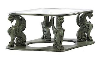 A Neoclassical Style Glass Inset Low Table, Height 19 1/2 x width 50 x depth 32 inches.