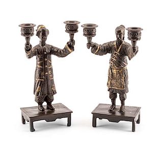 A Pair of French Patinated Bronze Figural Two-Light Candelabra Height 9 3/4 inches.