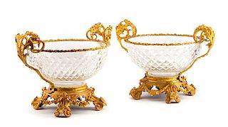 A Pair of French Gilt Bronze Mounted Cut Glass Center Bowls Width 16 inches.