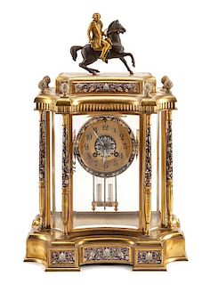 A Champleve Decorated Bronze Mantel Clock Height 17 1/2 inches.