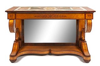 A Charles X Inlaid and Specimen Marble Inset Console Table Height 38 x width 61 x depth 28 1/2 inches.