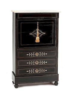 A Louis Philippe Style Diminutive Pewter Inlaid Ebonized Secretaire a Abattant Height 27 1/2 x width 17 x depth 7 3/4 inches.